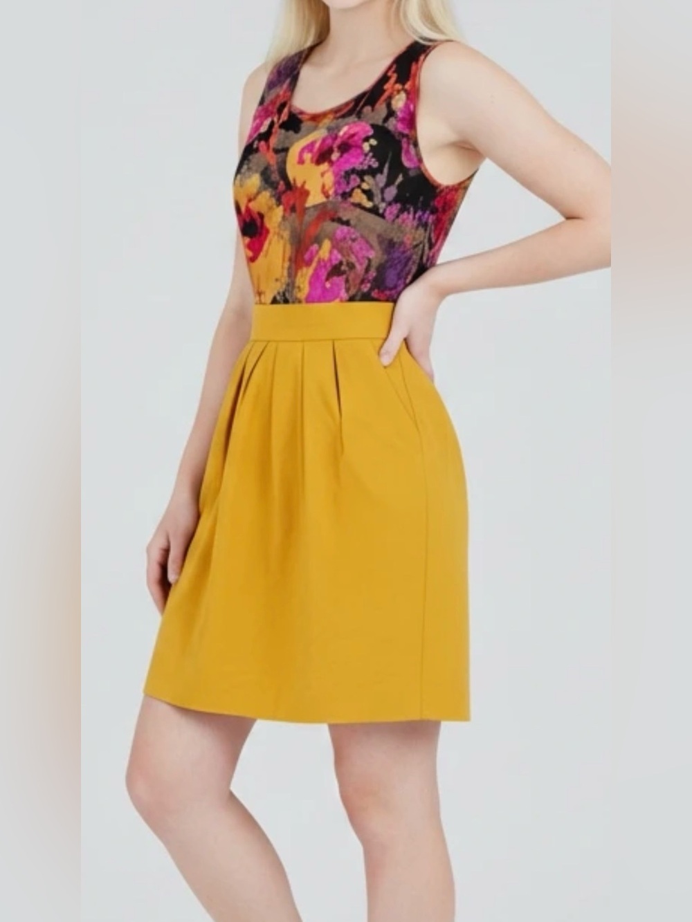 Anthropologie Lila Frock by Tabitha silk Purple Floral Bodice Dress with Mustard